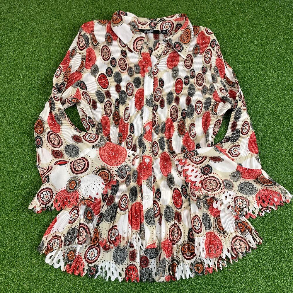 Vintage 90s Y2K Essentials Euro Funky All Over Print Bell Sleeve Blouse Sz XL